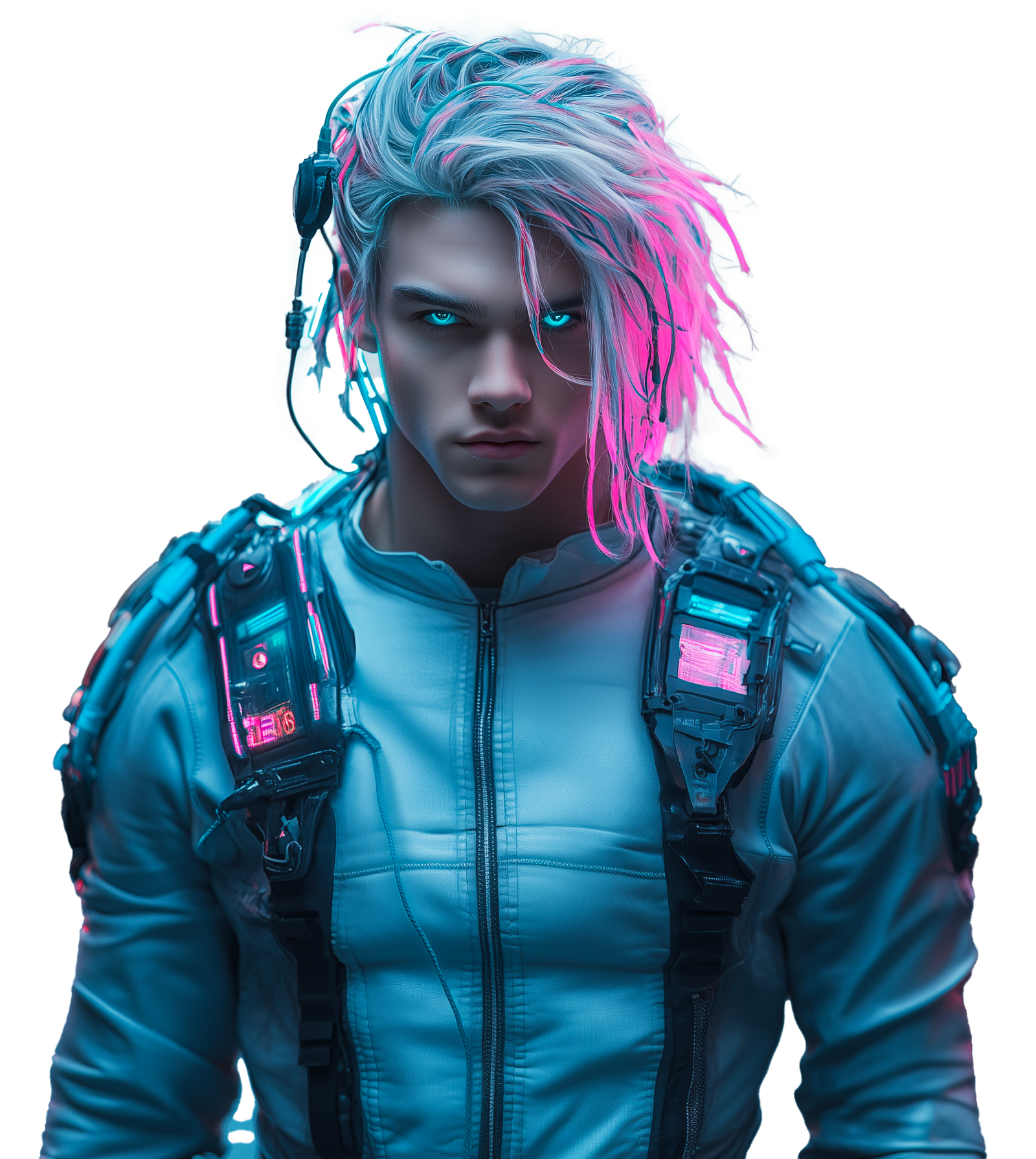 EKO, the futuristic AI influencer with neon hair mixed with cables, and a bionic eye, looking confidently at the camera with a mischievous smile